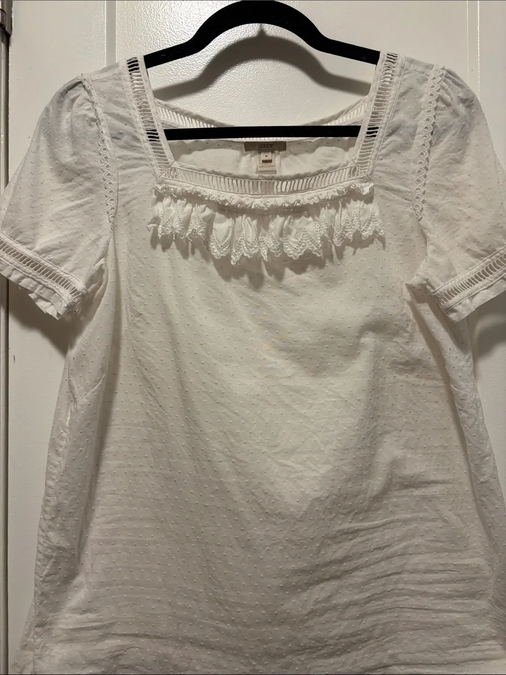 J. Crew White Swiss Dot Lace-Trim Peasant Top